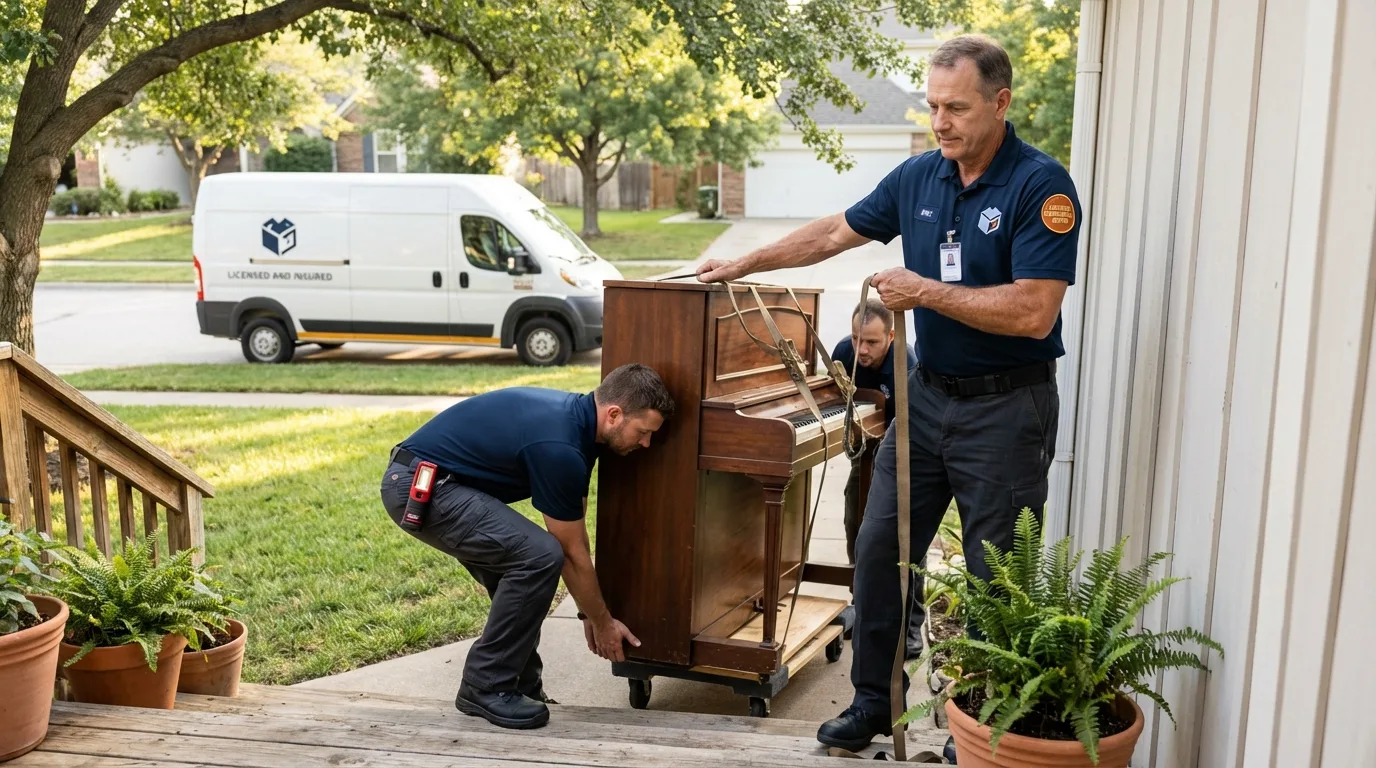 Licensed piano movers securing grand piano in Fulda, MN