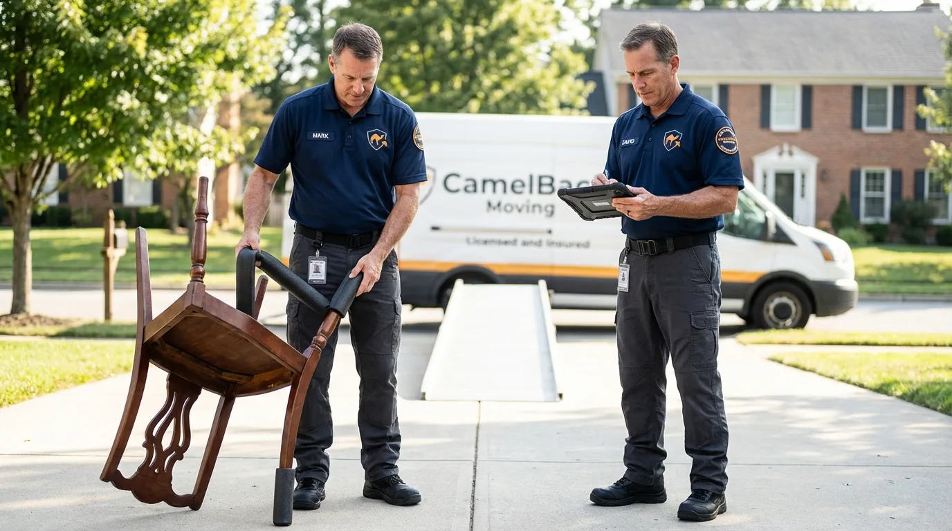 Movers inspecting furniture for damage prevention before loading in Fulda, MN