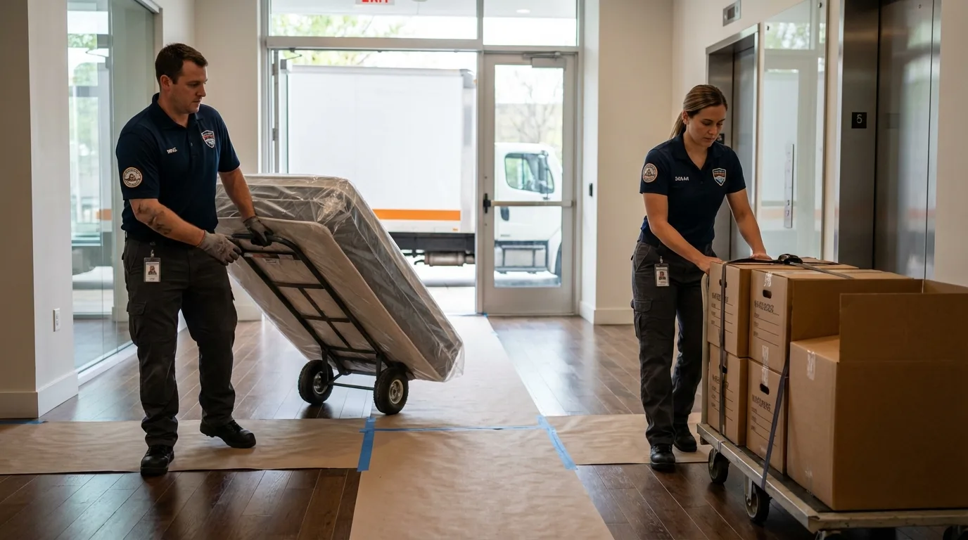 Professional apartment movers loading elevator in Fulda, MN