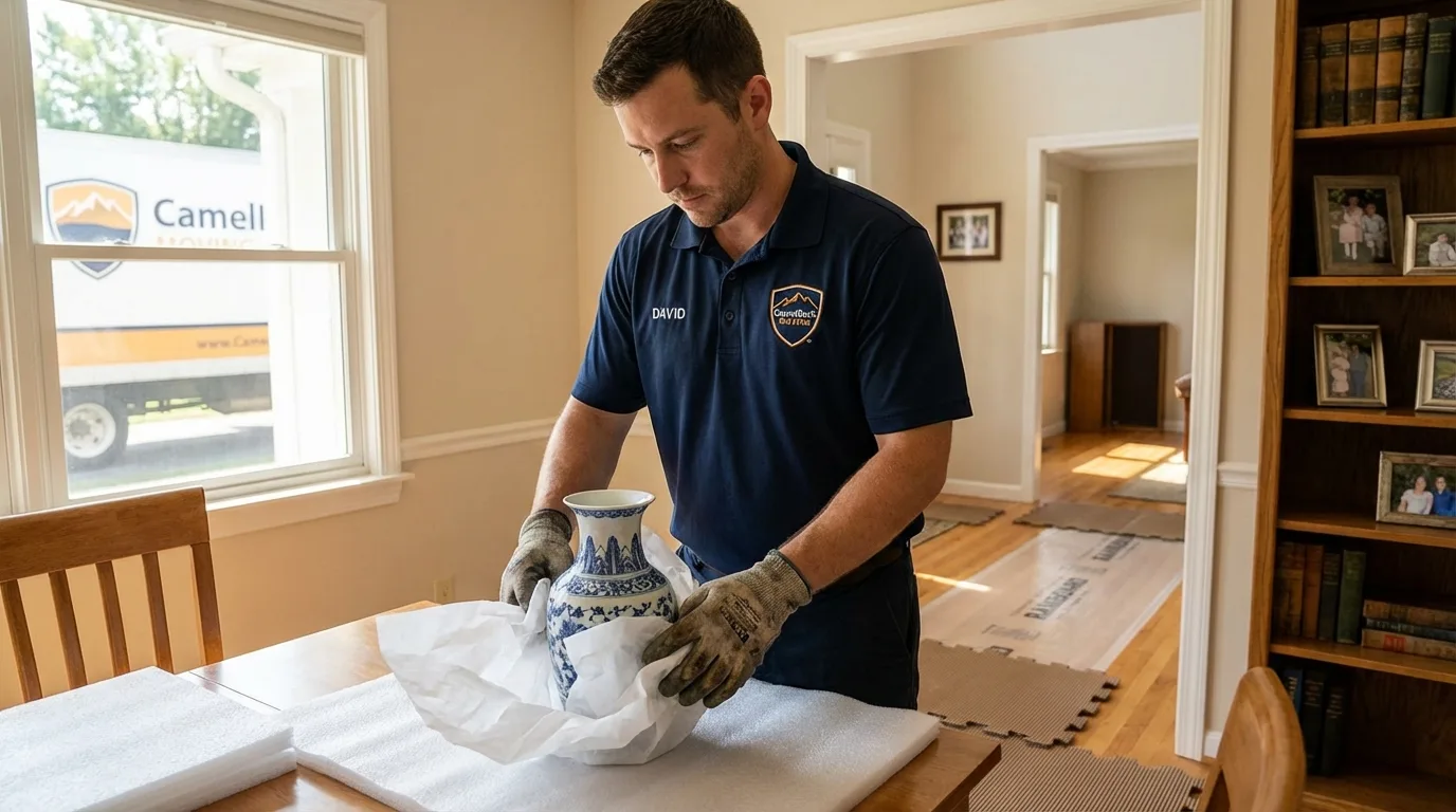 Professional crew carefully wrapping antique vase for senior downsizing move in Fulda, MN
