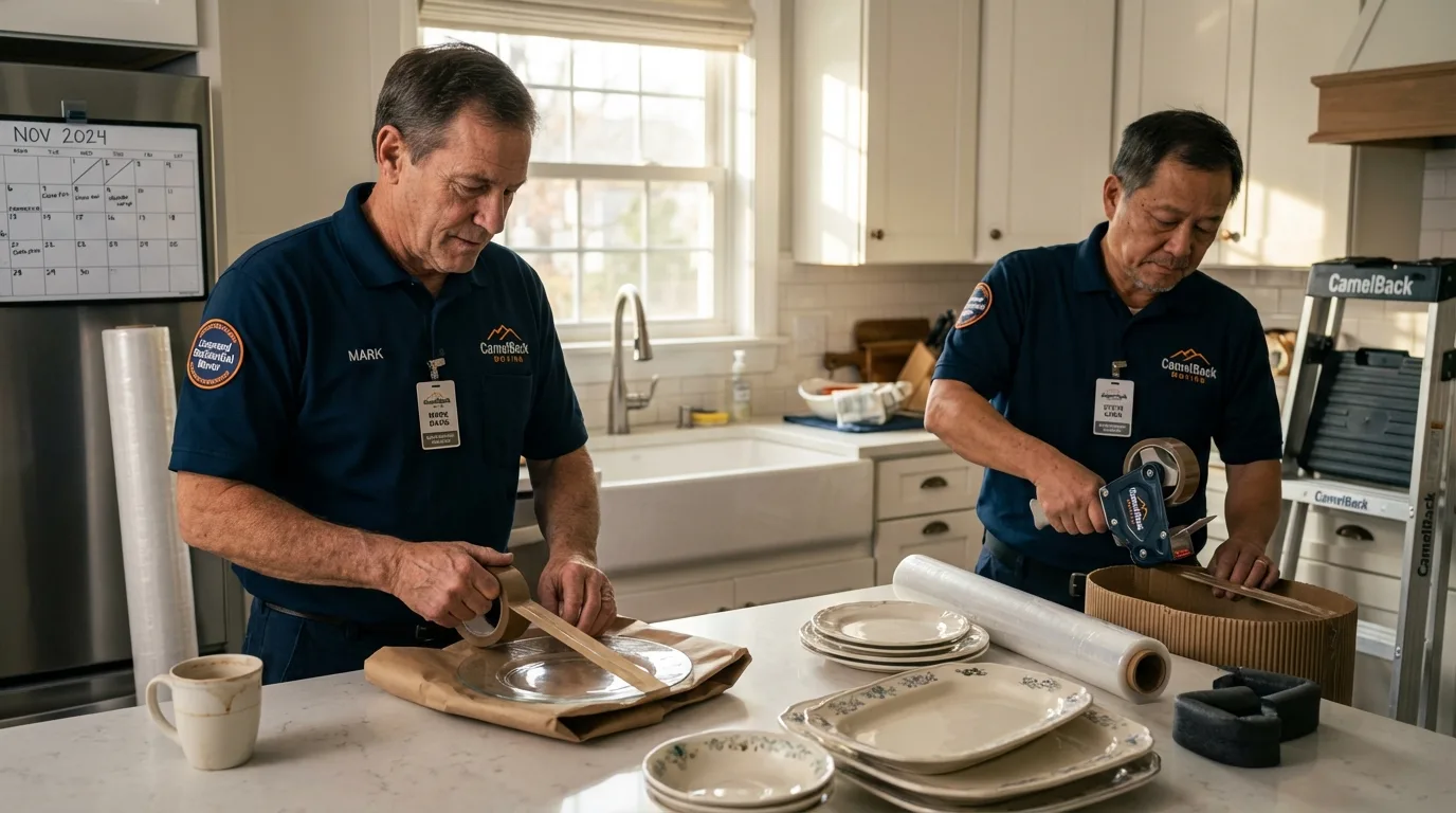 Professional crew packing kitchen dishware in Fulda, MN